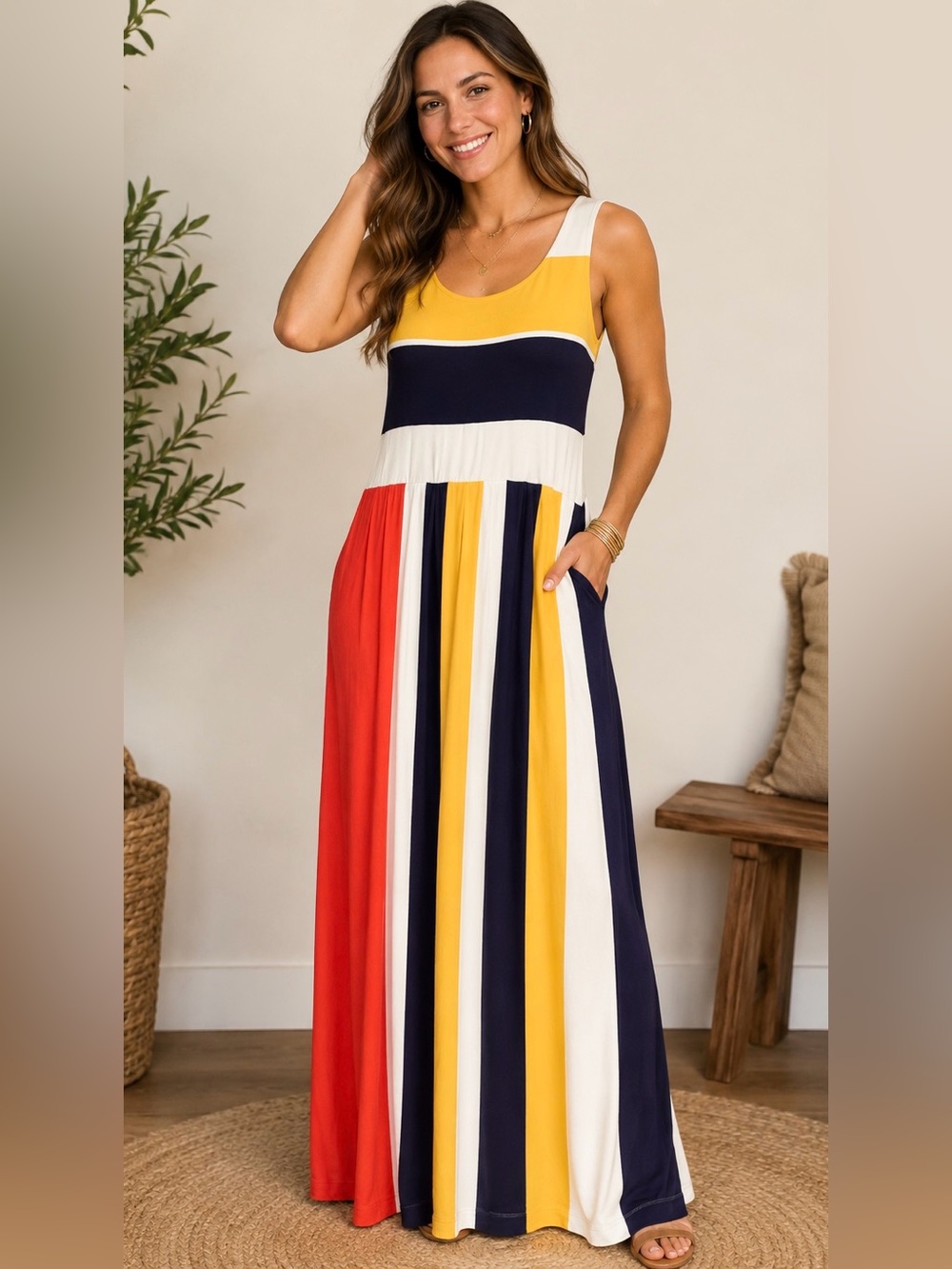 Hot In Hollywood Women’s Large Jilly Pleated Striped Tank Colorblock Maxi Dress